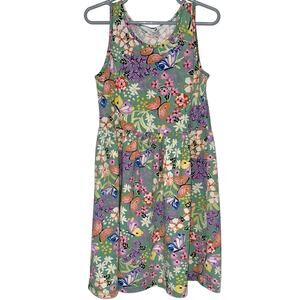 H&M Girls Green Floral Butterfly Casual Cotton Sleeveless Tank Dress Size 6X/7